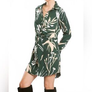 ILLA ILLA Green Floral Satin Long Sleeve Tie Dress